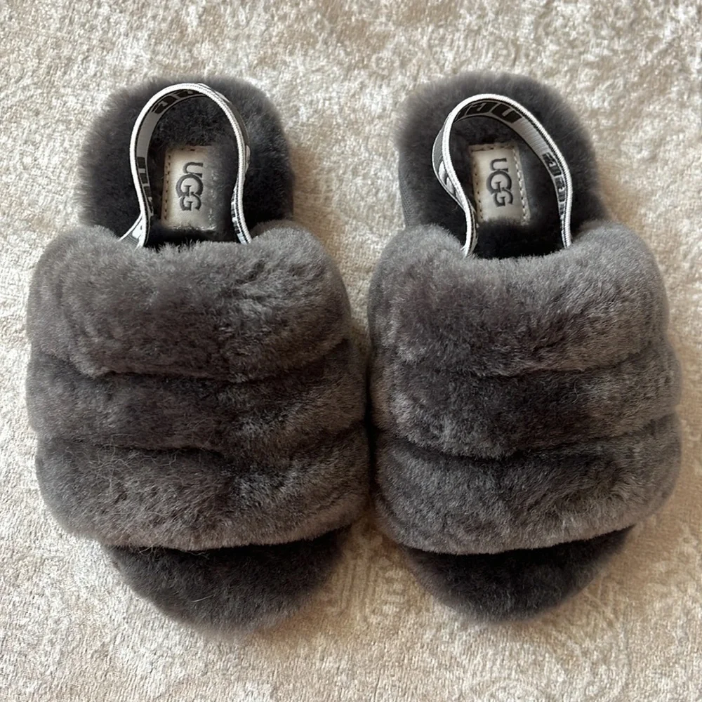 Brand New UGG Fluff Yeah Slides Baby & Toddler Gray Genuine Sheepskin Slipper
